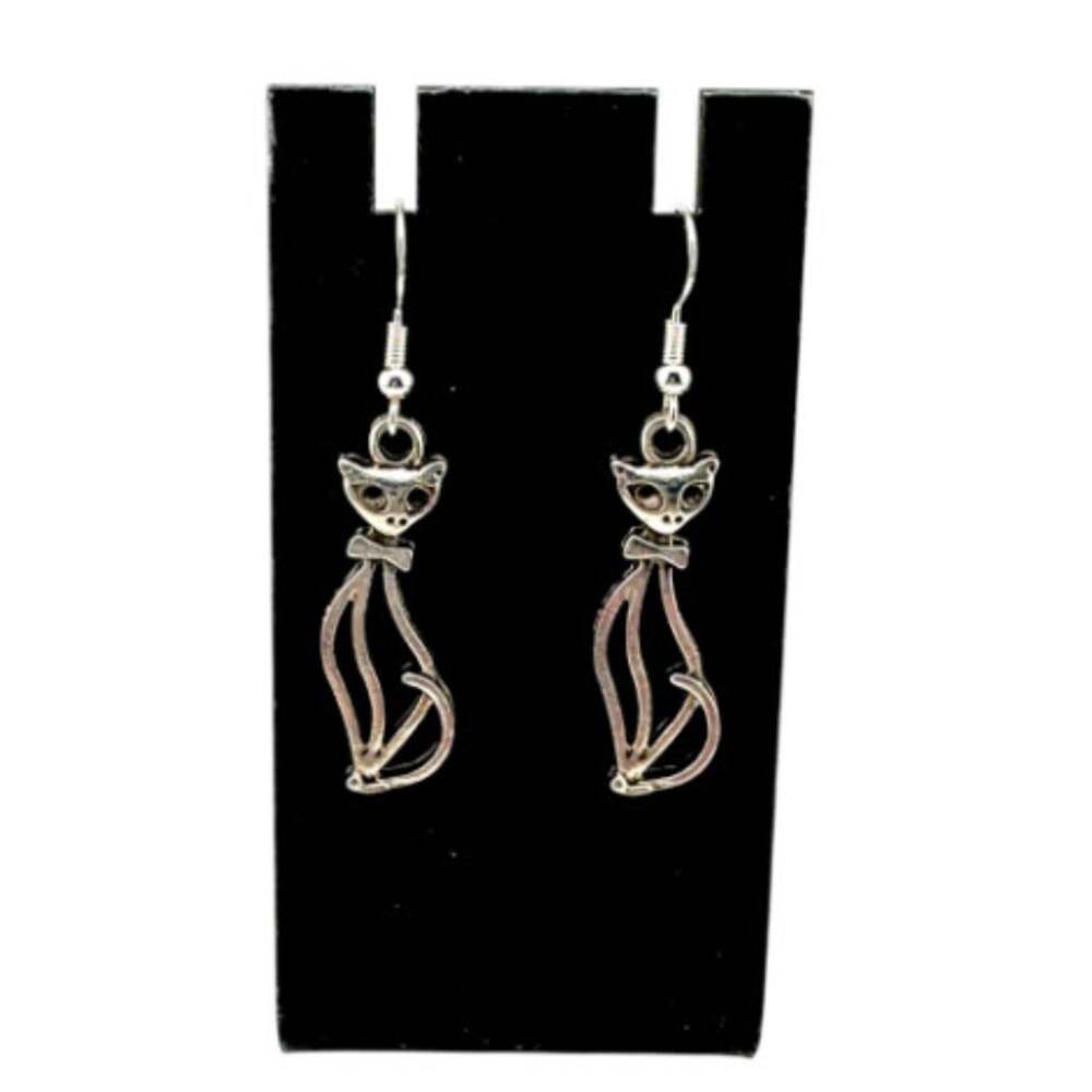 Cat Earrings Sterling Silver Ear Wires Kitty Dangle 2" Drop Gift